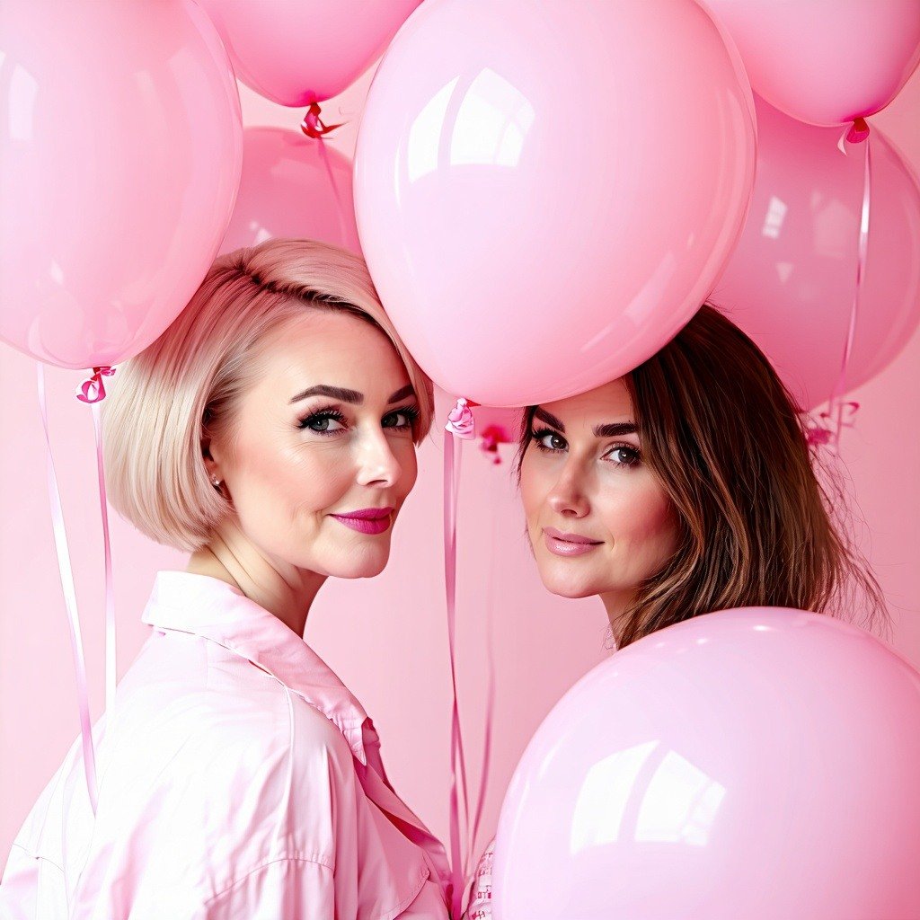 Two women surrounded by pink balloons.